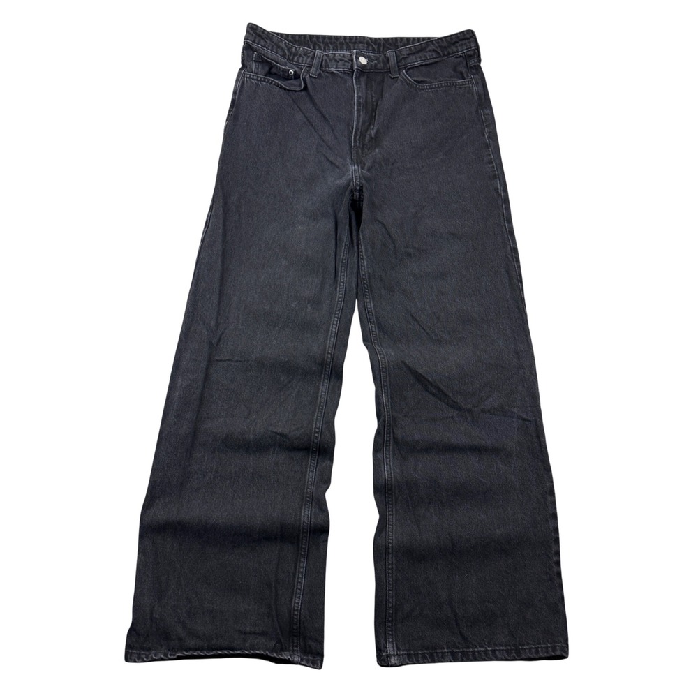 &Denim Womens 12 Wide Leg Ultra High Waist Jeans Black Distressed Hems Baggy